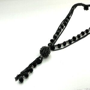 Black Multi-Strand Beaded Tassel Necklace With Rosette Pendant